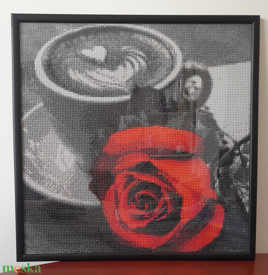 Elegáns rózsa kávéval � 40x40 cm-es gyémántszemes falikép - otthon & életmód - dekoráció - fali és függő dekoráció - falra akasztható dekor - Meska.hu