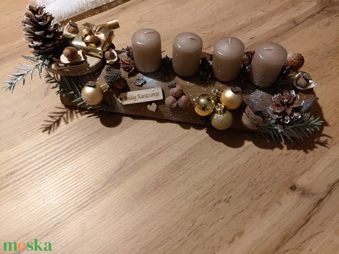 Adventi farönk asztaldísz, koszorú cserélhető gyertyákkal arany-barna színvilág  - karácsony - adventi díszek - adventi koszorú - Meska.hu