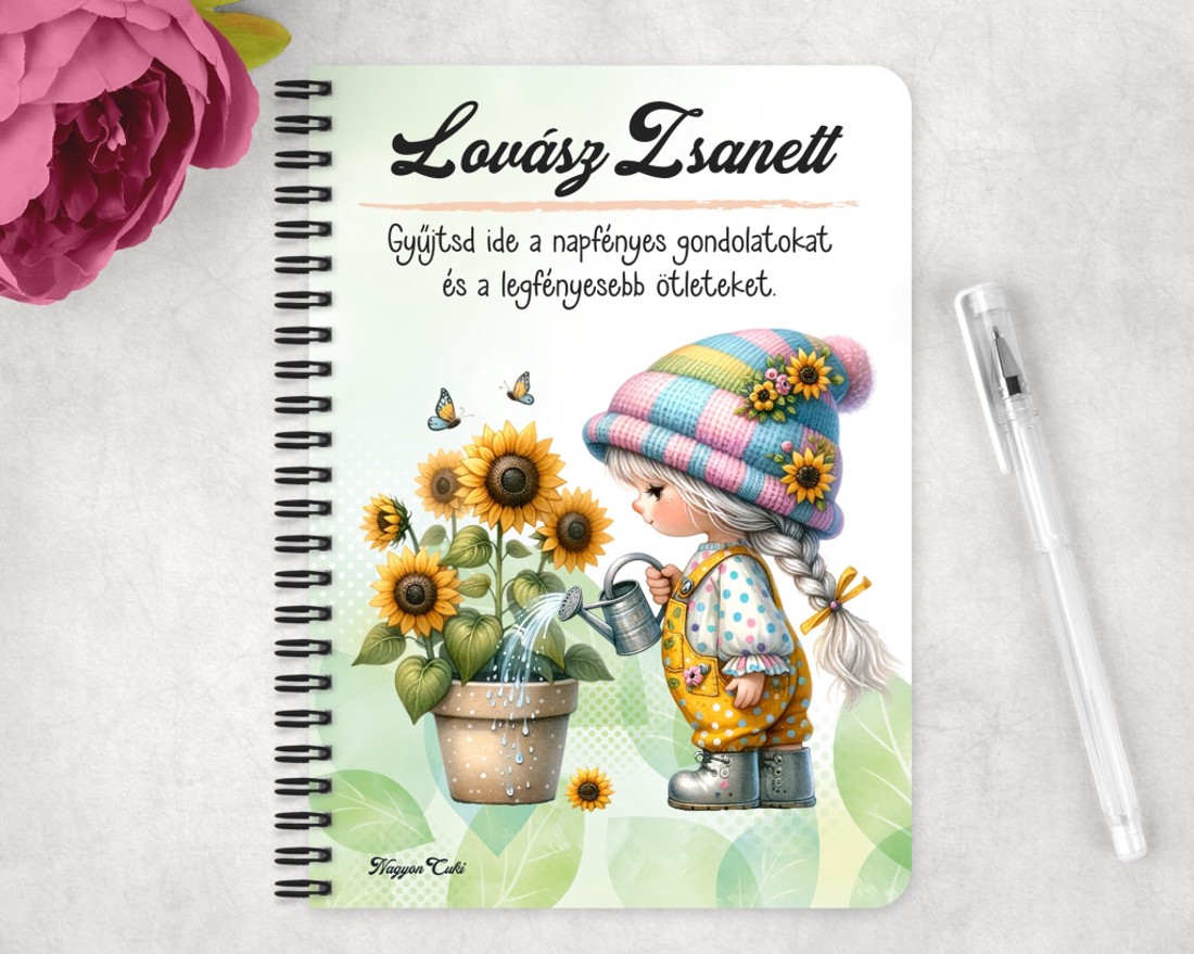 Személyre szabható - Locsolós napraforgós manó lány mintás A5-ös füzet - otthon & életmód - papír, írószer - jegyzetfüzet & napló - Meska.hu