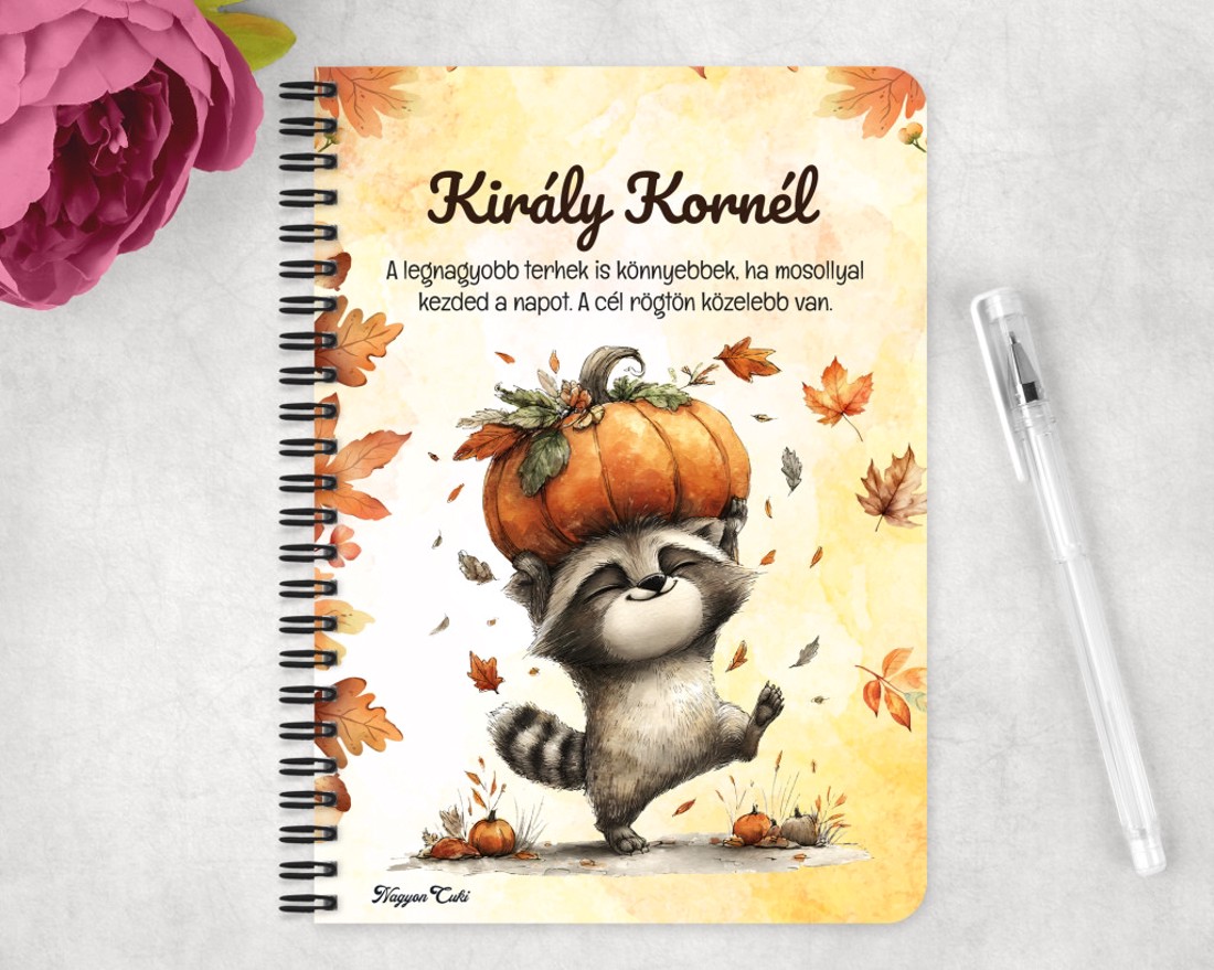 Személyre szabható - Cuki őszi mosómedve és a tök mintás A6-os füzet - otthon & életmód - papír, írószer - jegyzetfüzet & napló - Meska.hu
