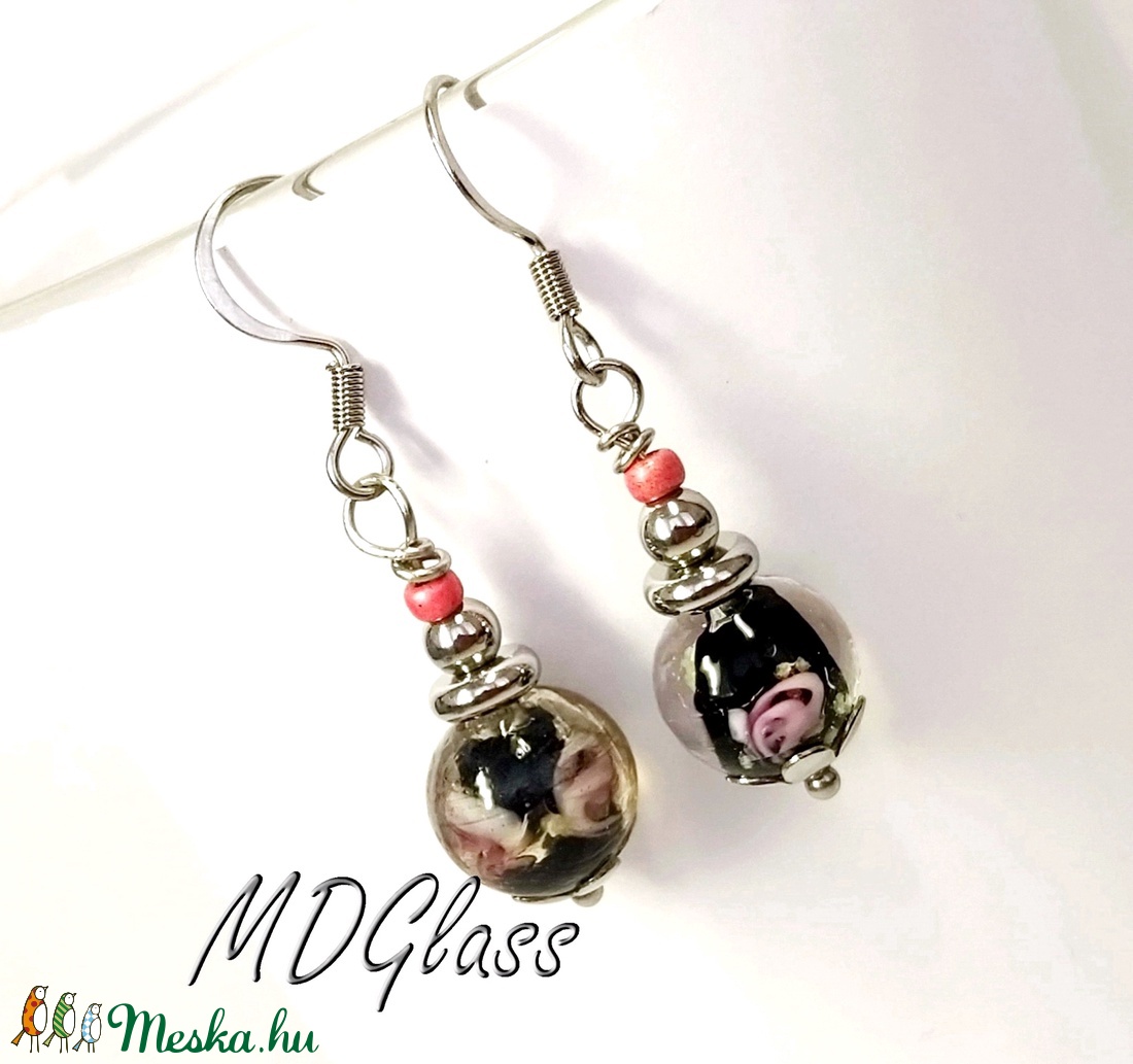 Rózsaszín rózsák lámpagyöngy fülbevaló - ékszer - fülbevaló - lógó fülbevaló - Meska.hu