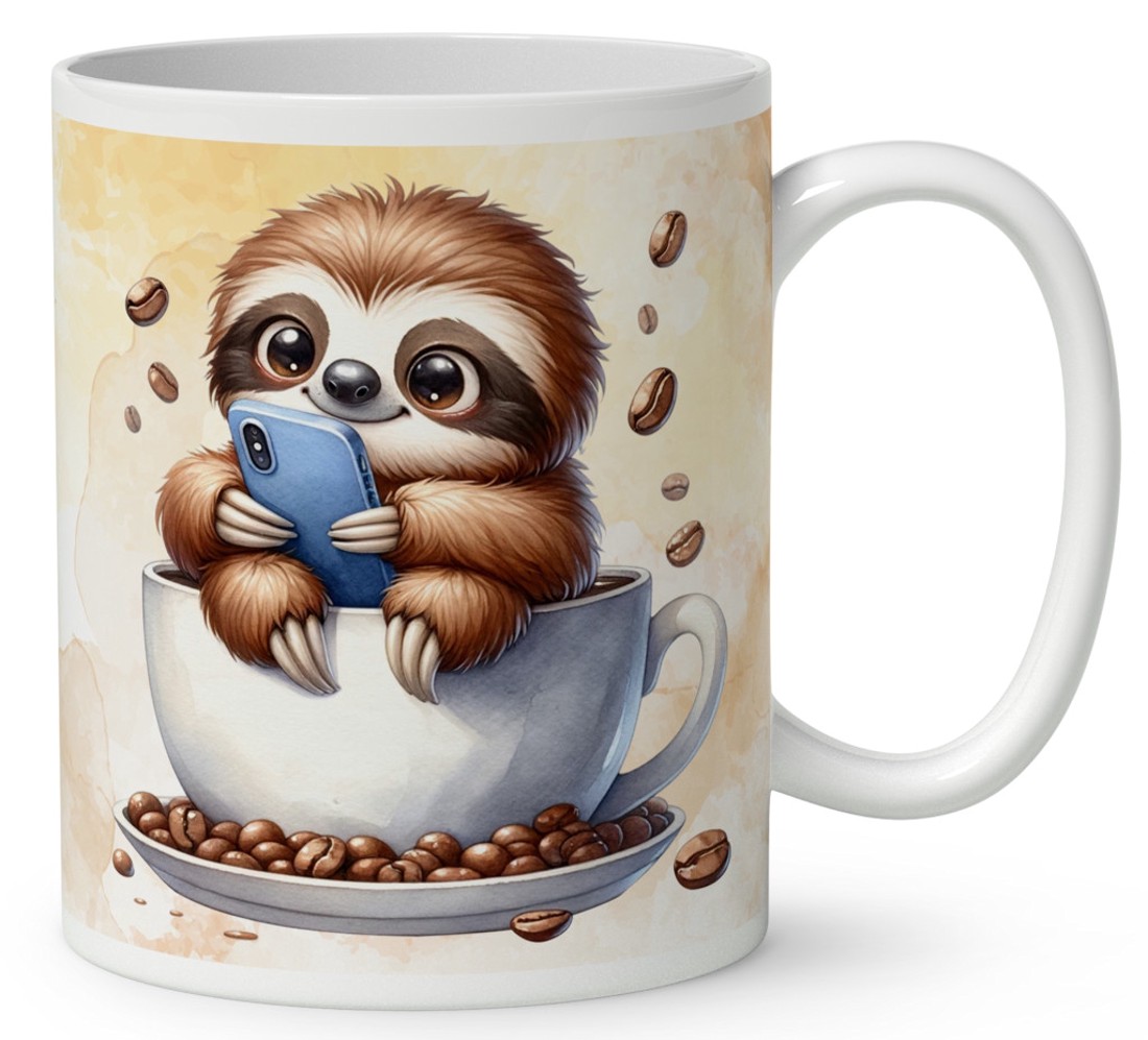 Névvel kérhető - Telefonozós Kávés lajhár mintás bögre - otthon & életmód - konyhafelszerelés, tálalás - tálalás - bögre & csésze - Meska.hu