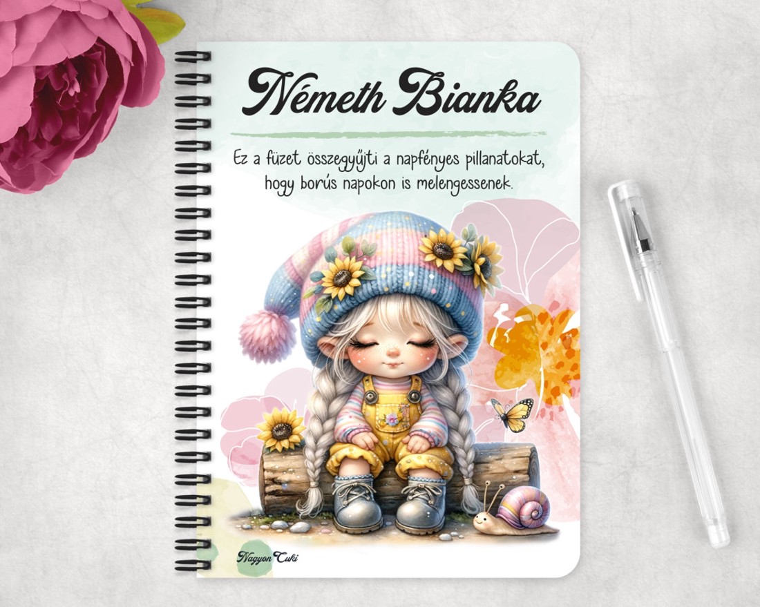 Személyre szabható - Cuki csigás napraforgós manó lány mintás A5-ös füzet - otthon & életmód - papír, írószer - jegyzetfüzet & napló - Meska.hu