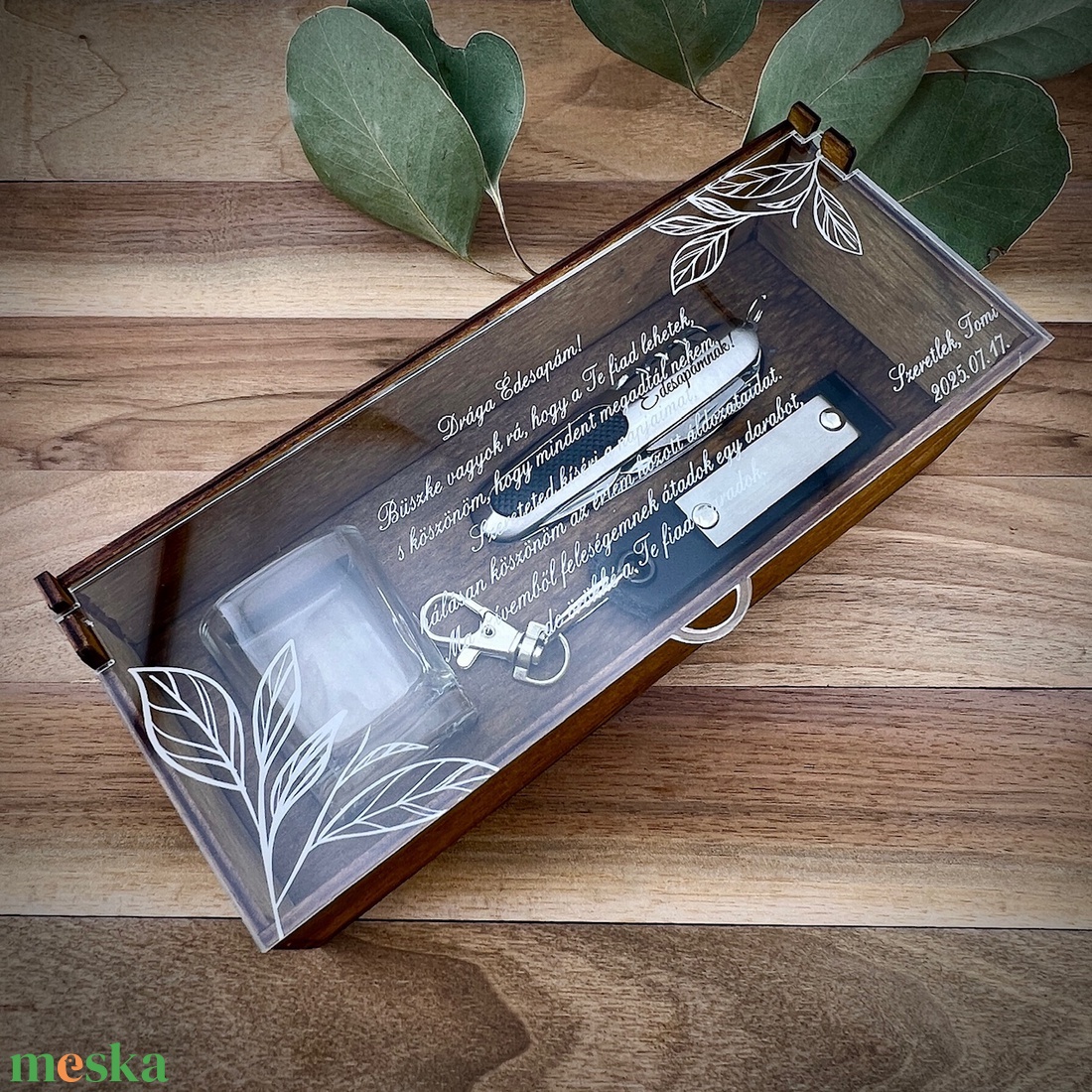 Ajándék szett díszdobozban leveles grafikával - esküvő - emlék & ajándék - szülőköszöntő ajándék - Meska.hu