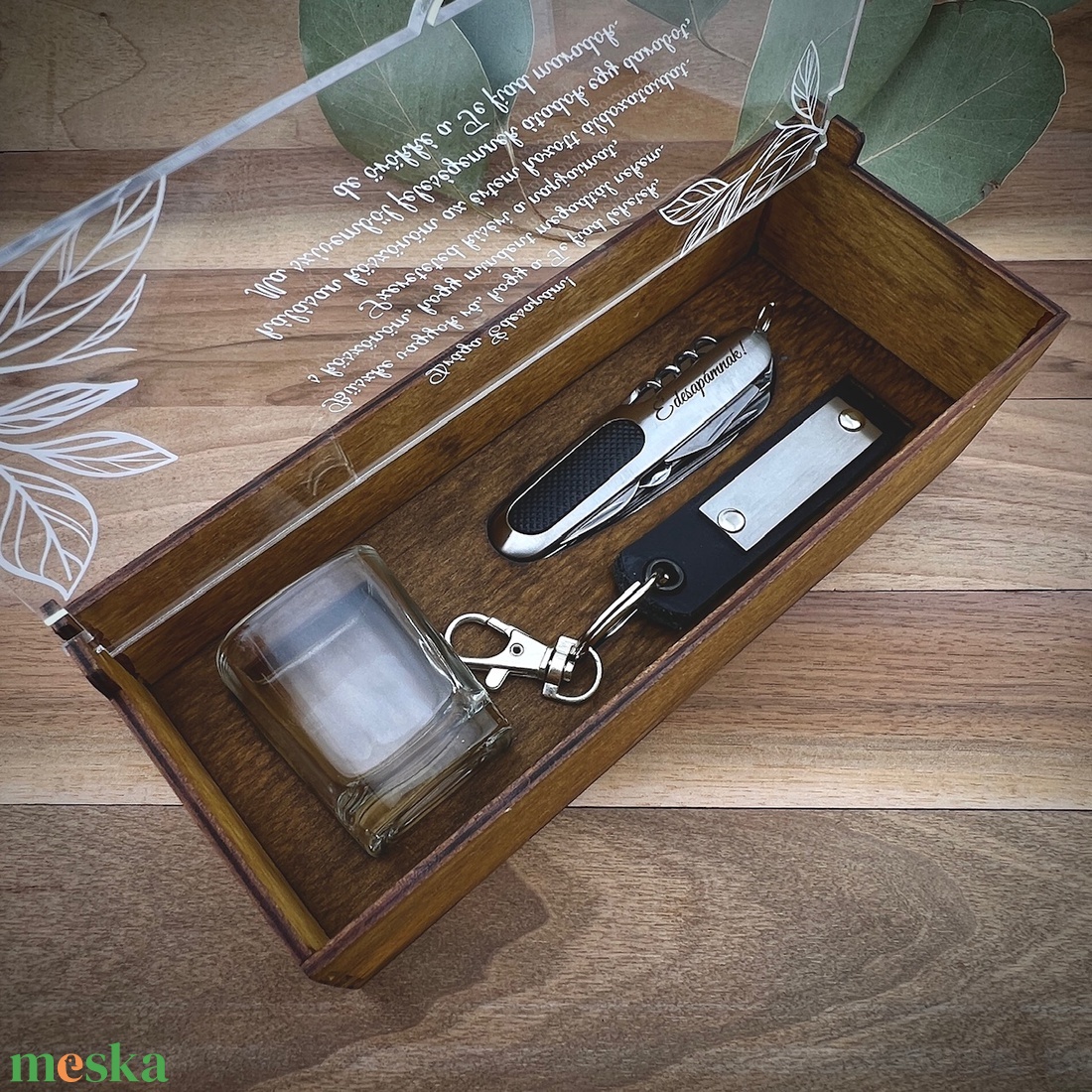 Ajándék szett díszdobozban leveles grafikával - esküvő - emlék & ajándék - szülőköszöntő ajándék - Meska.hu