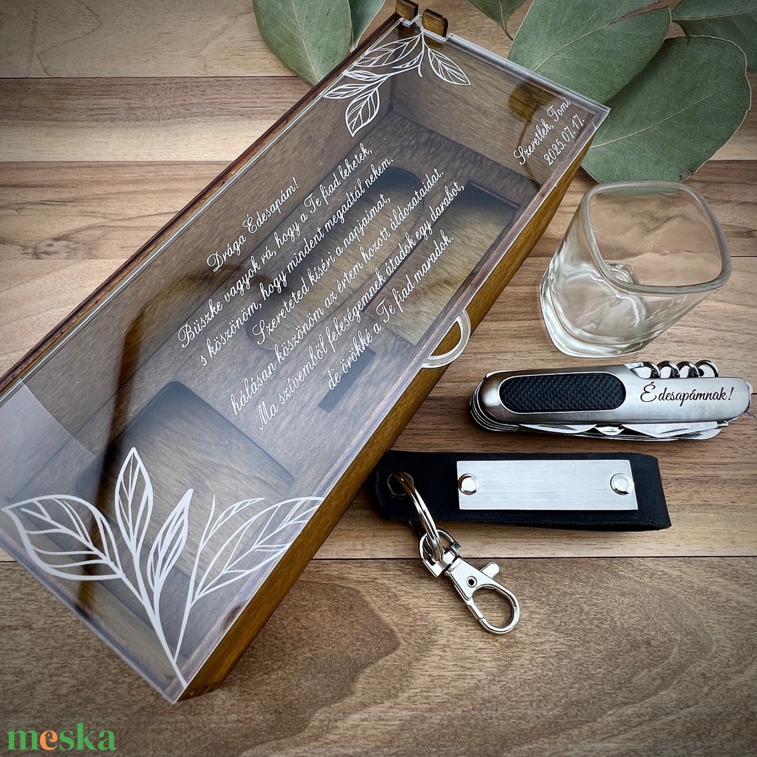 Ajándék szett díszdobozban leveles grafikával - esküvő - emlék & ajándék - szülőköszöntő ajándék - Meska.hu