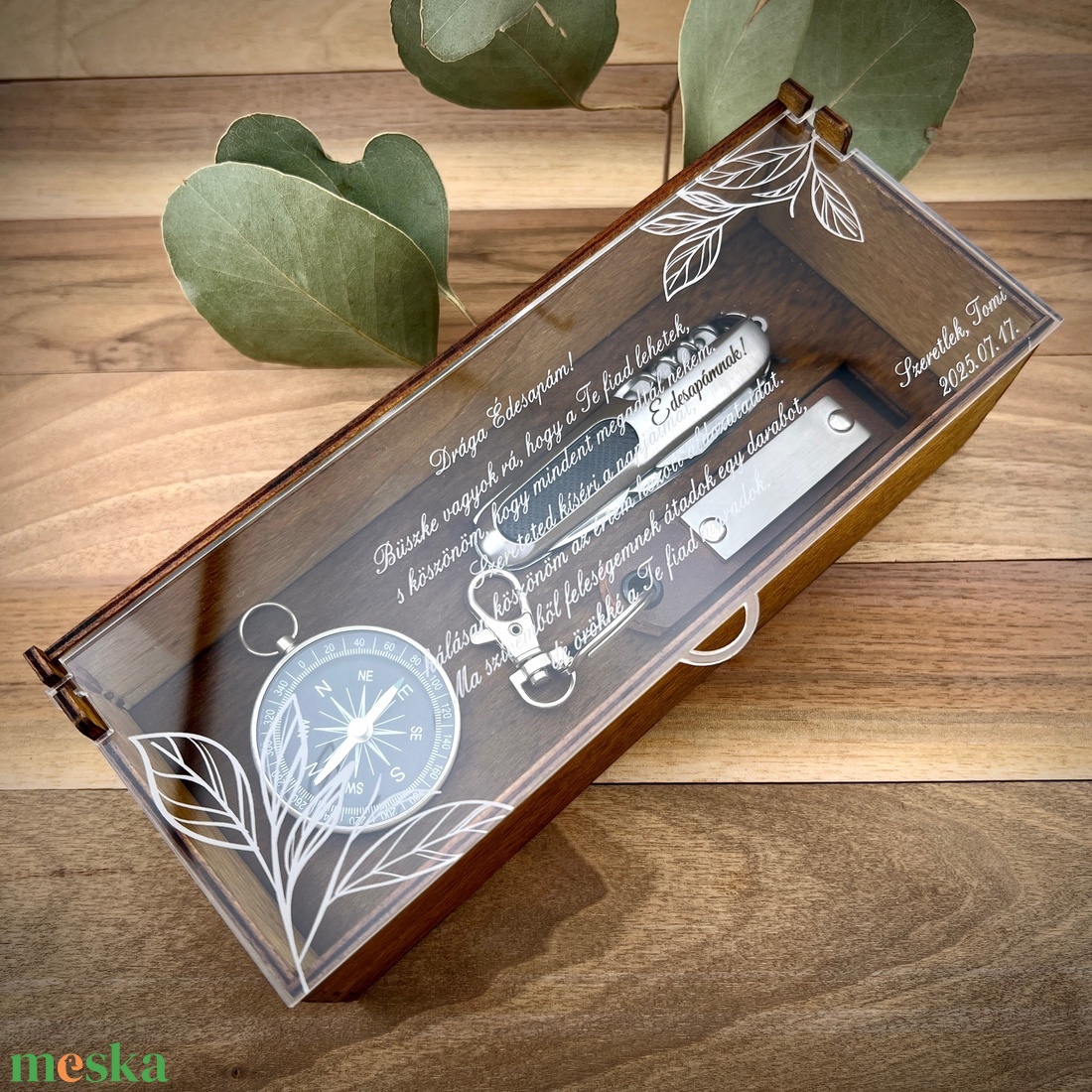 Ajándék szett díszdobozban leveles grafikával - esküvő - emlék & ajándék - szülőköszöntő ajándék - Meska.hu