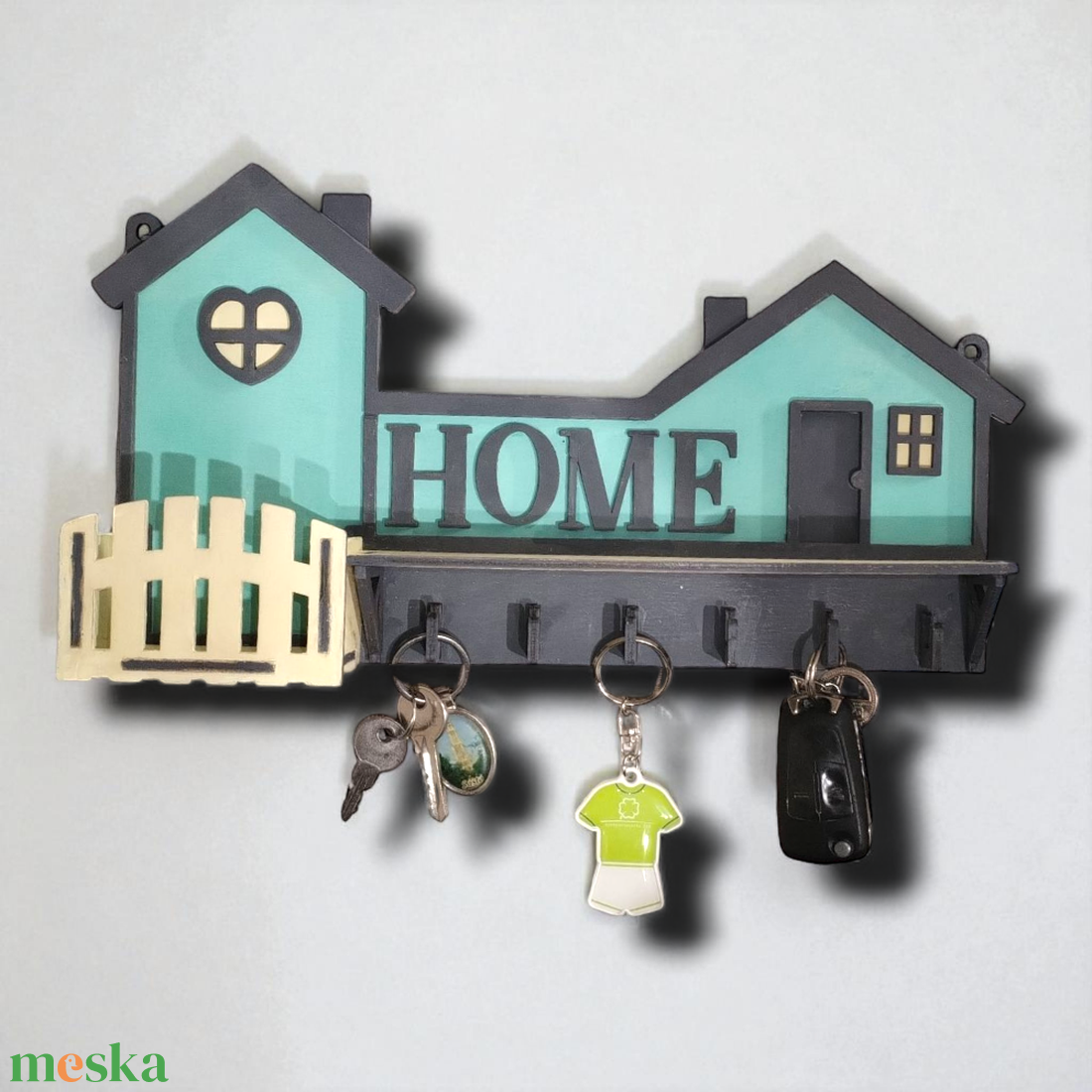 Ház alakú fali kulcstartó -HOME felirattal  - otthon & életmód - dekoráció - fali és függő dekoráció - fali kulcstartó - Meska.hu