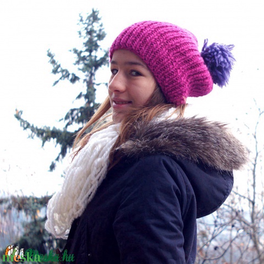 Bojtos lila-rózsaszín sapka - ruha & divat - sál, sapka, kendő - sapka - Meska.hu