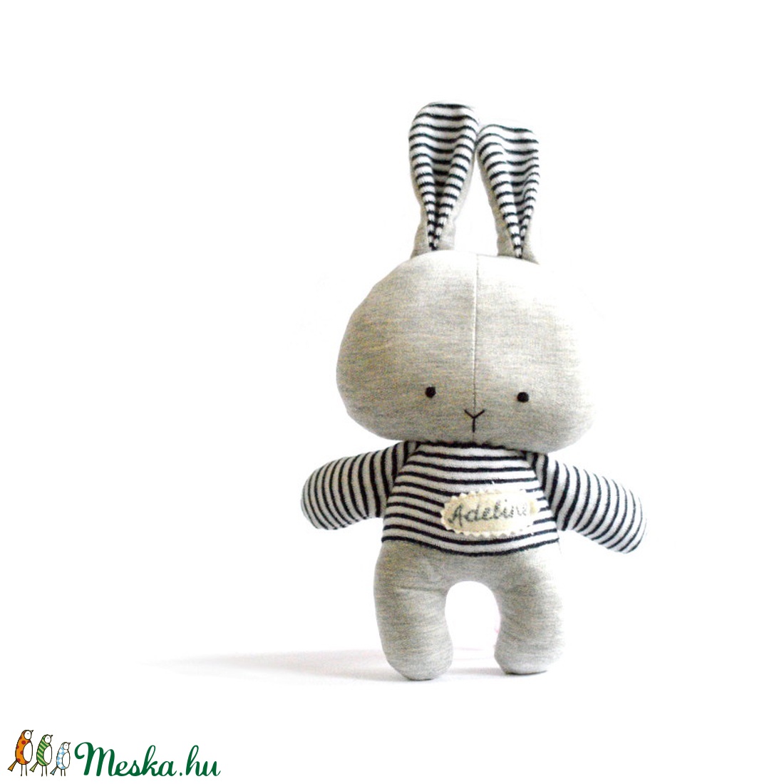 Névre szóló nyúl nyuszi játék játékfigura állatfigura plüss szürke kék fehér csíkos -  - Meska.hu
