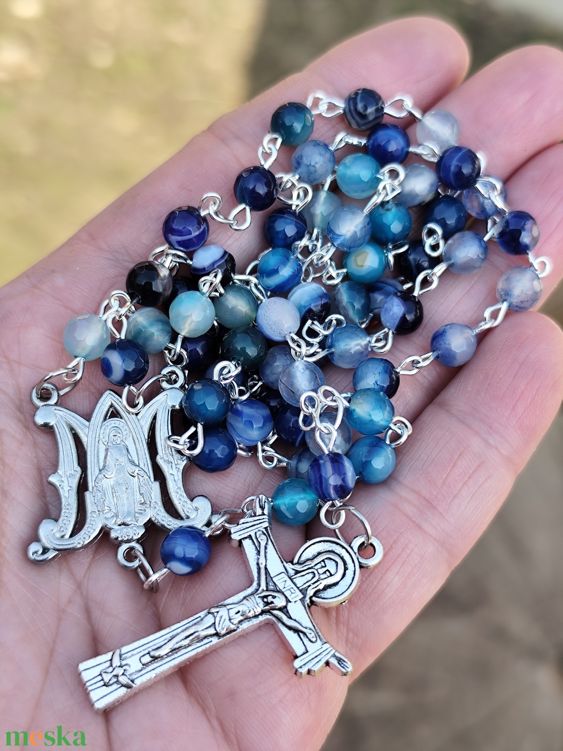 Mária rózsafüzér kék achátból  - otthon & életmód - vallás - lánc & füzér - Meska.hu