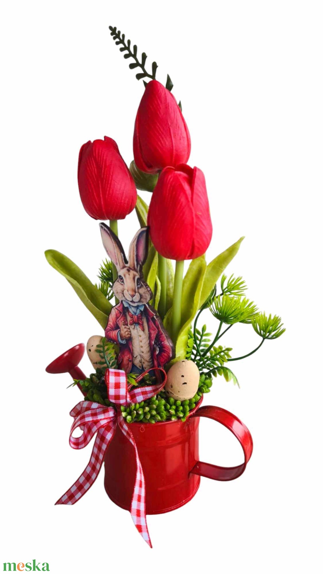 Piros tulipánok kannában-Nyúl Péterrel - otthon & életmód - dekoráció - asztal és polc dekoráció - asztaldísz - Meska.hu