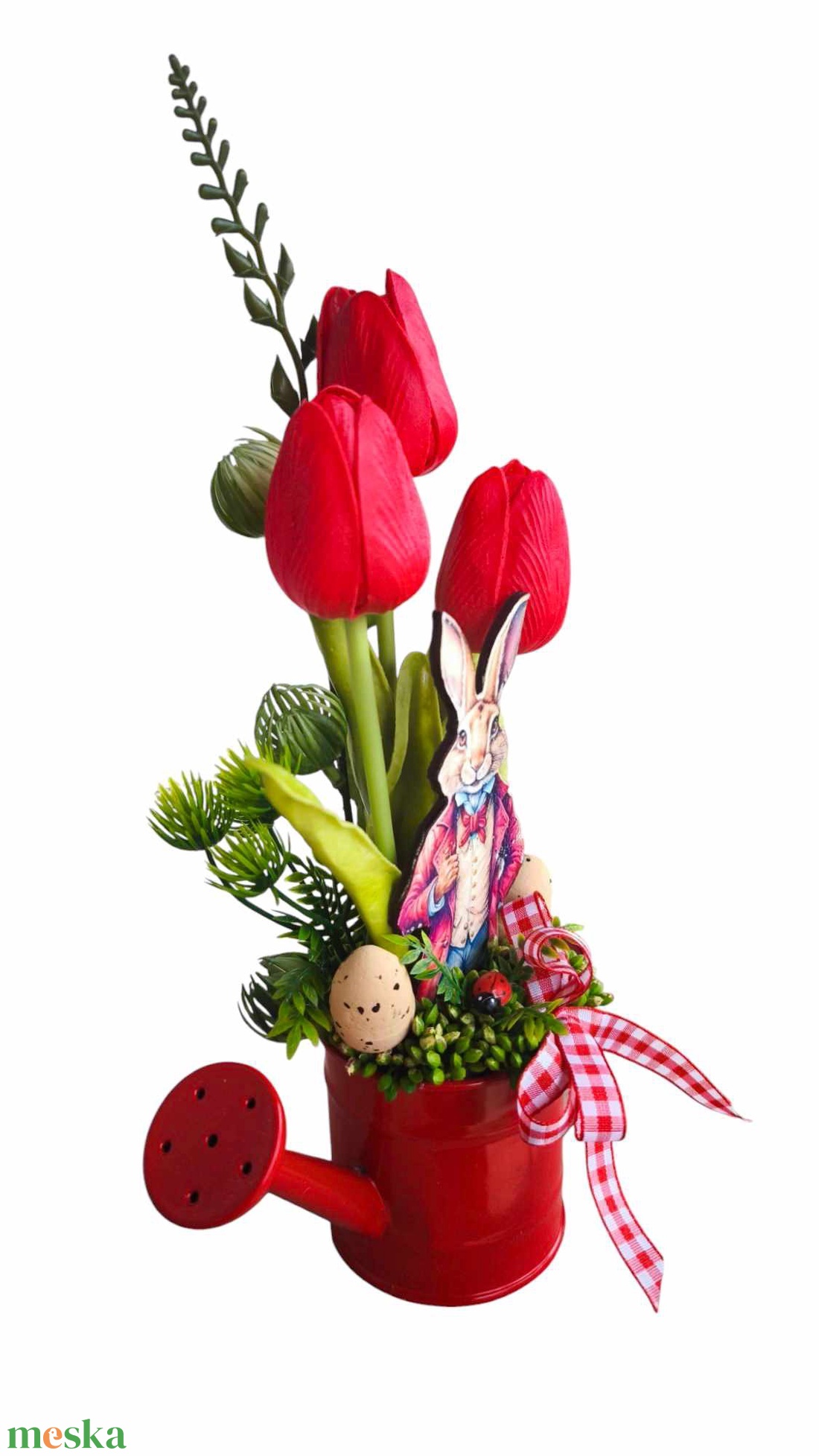 Piros tulipánok kannában-Nyúl Péterrel - otthon & életmód - dekoráció - asztal és polc dekoráció - asztaldísz - Meska.hu