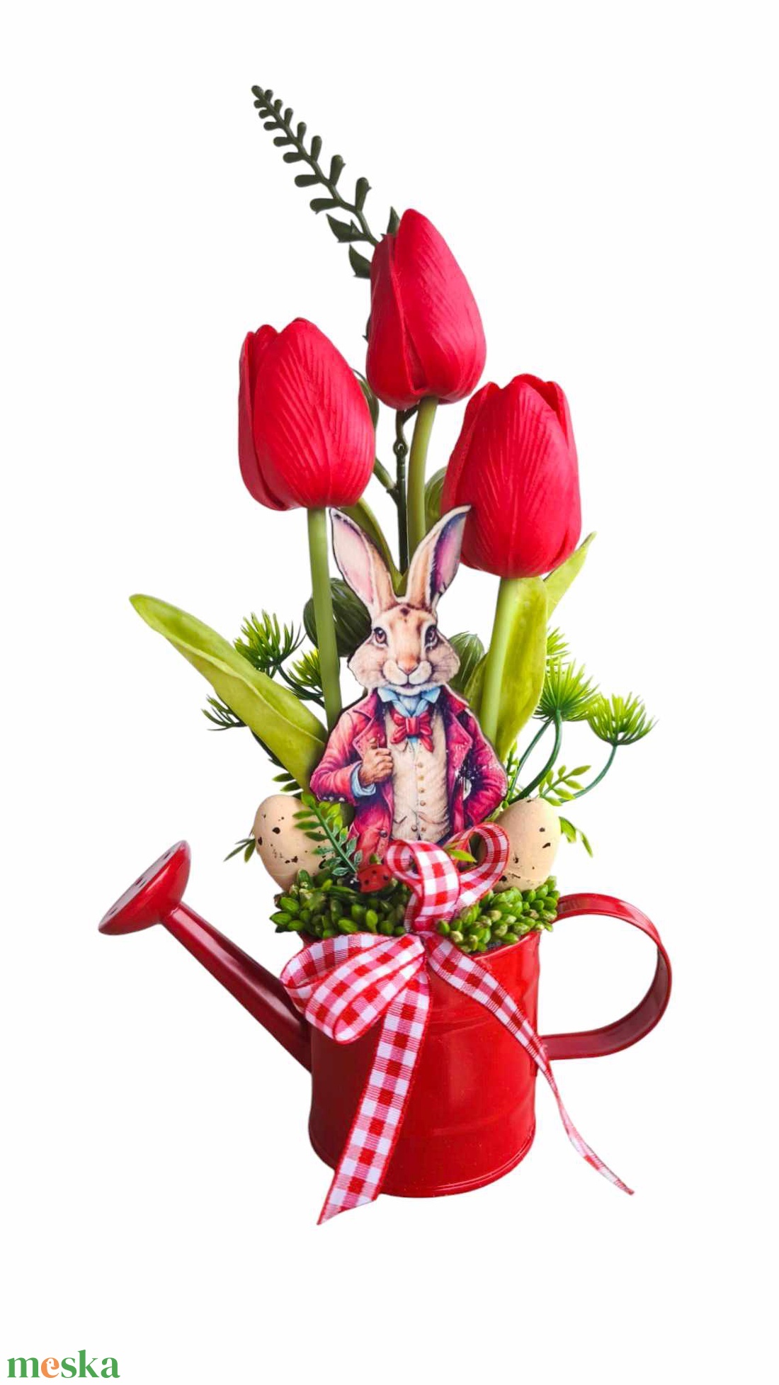 Piros tulipánok kannában-Nyúl Péterrel - otthon & életmód - dekoráció - asztal és polc dekoráció - asztaldísz - Meska.hu