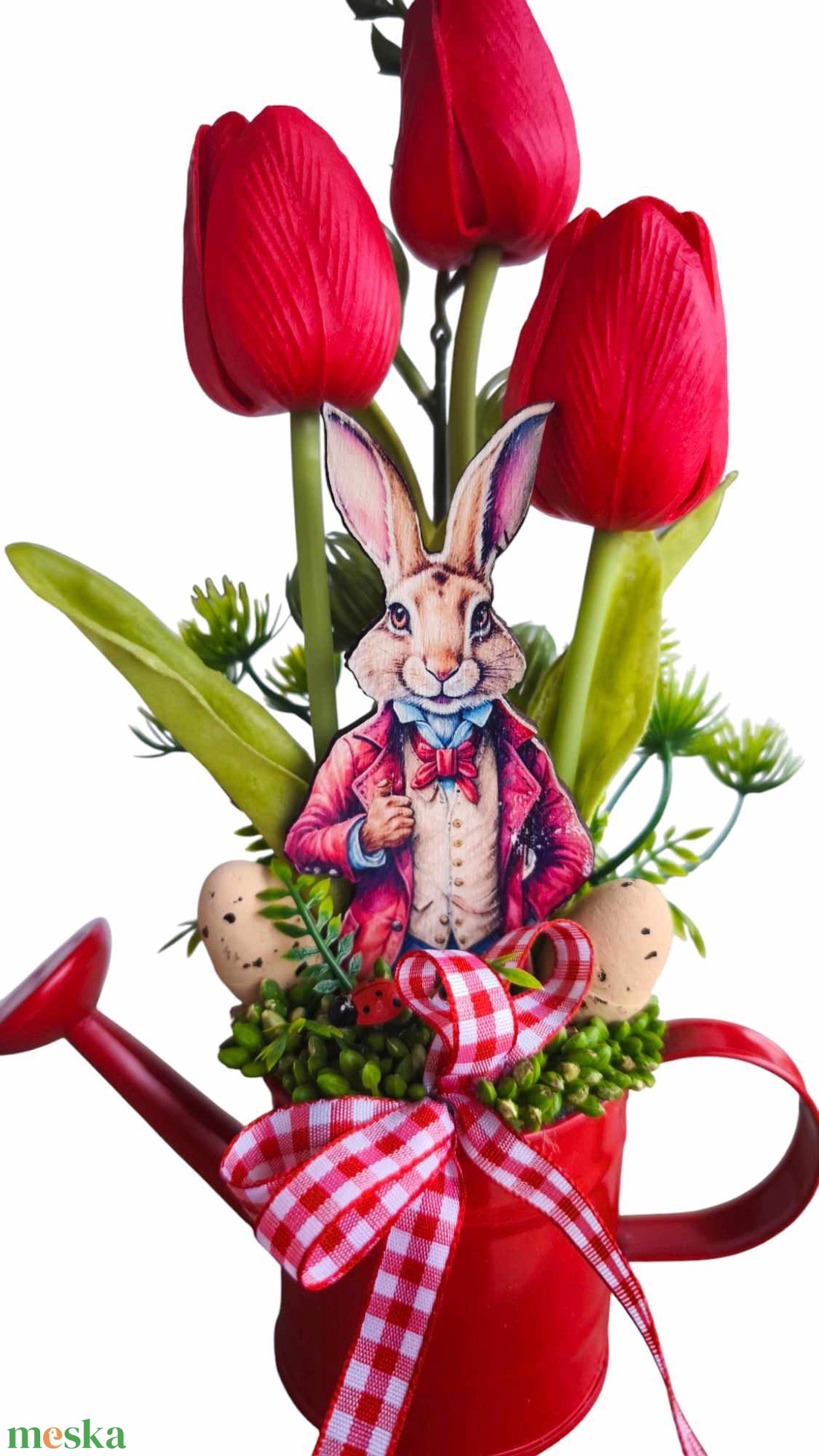 Piros tulipánok kannában-Nyúl Péterrel - otthon & életmód - dekoráció - asztal és polc dekoráció - asztaldísz - Meska.hu