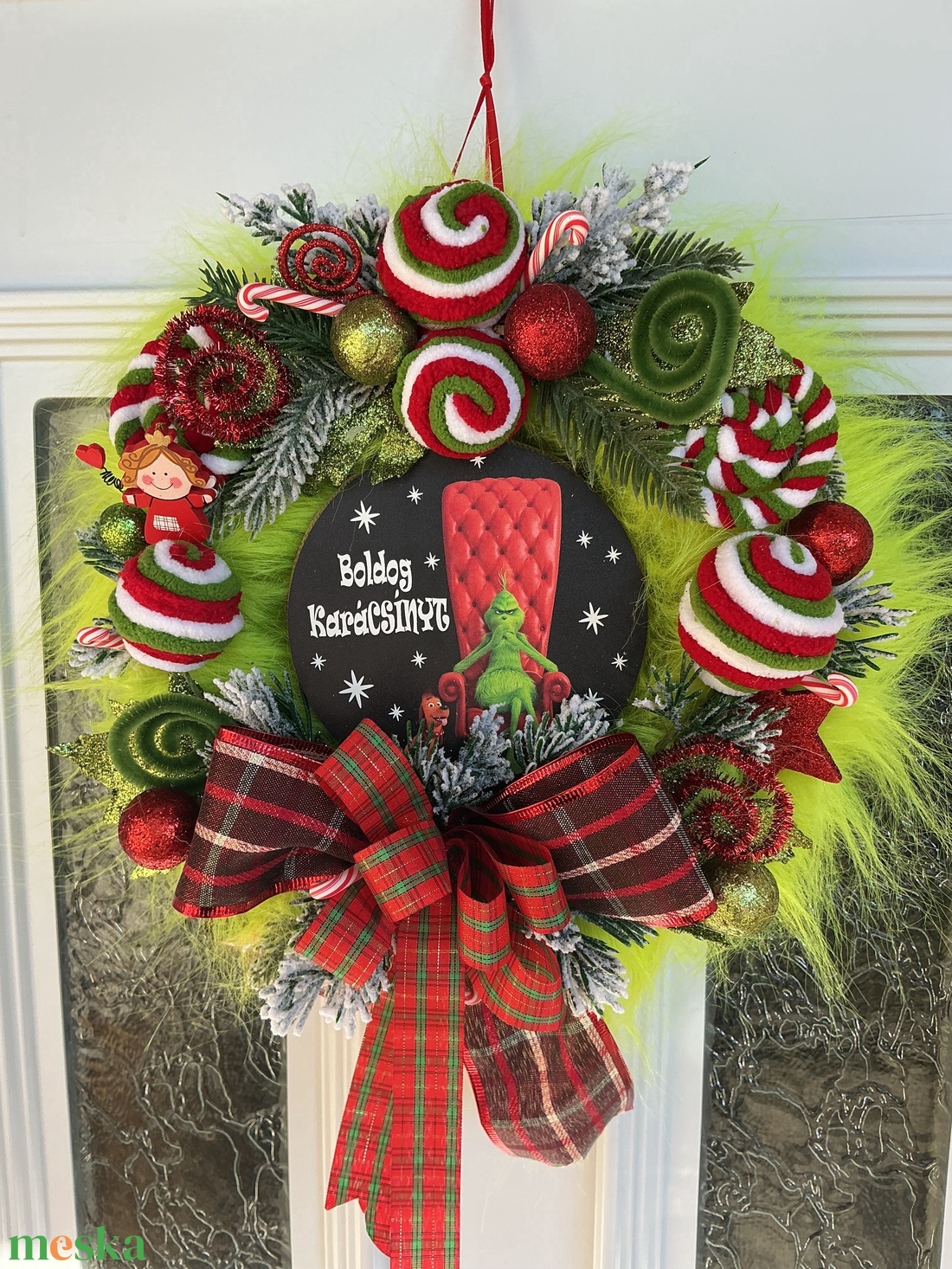 Boldog karácsínyt-Grincs ajtódísz - karácsony - karácsonyi lakásdekoráció - karácsonyi ajtódíszek - Meska.hu