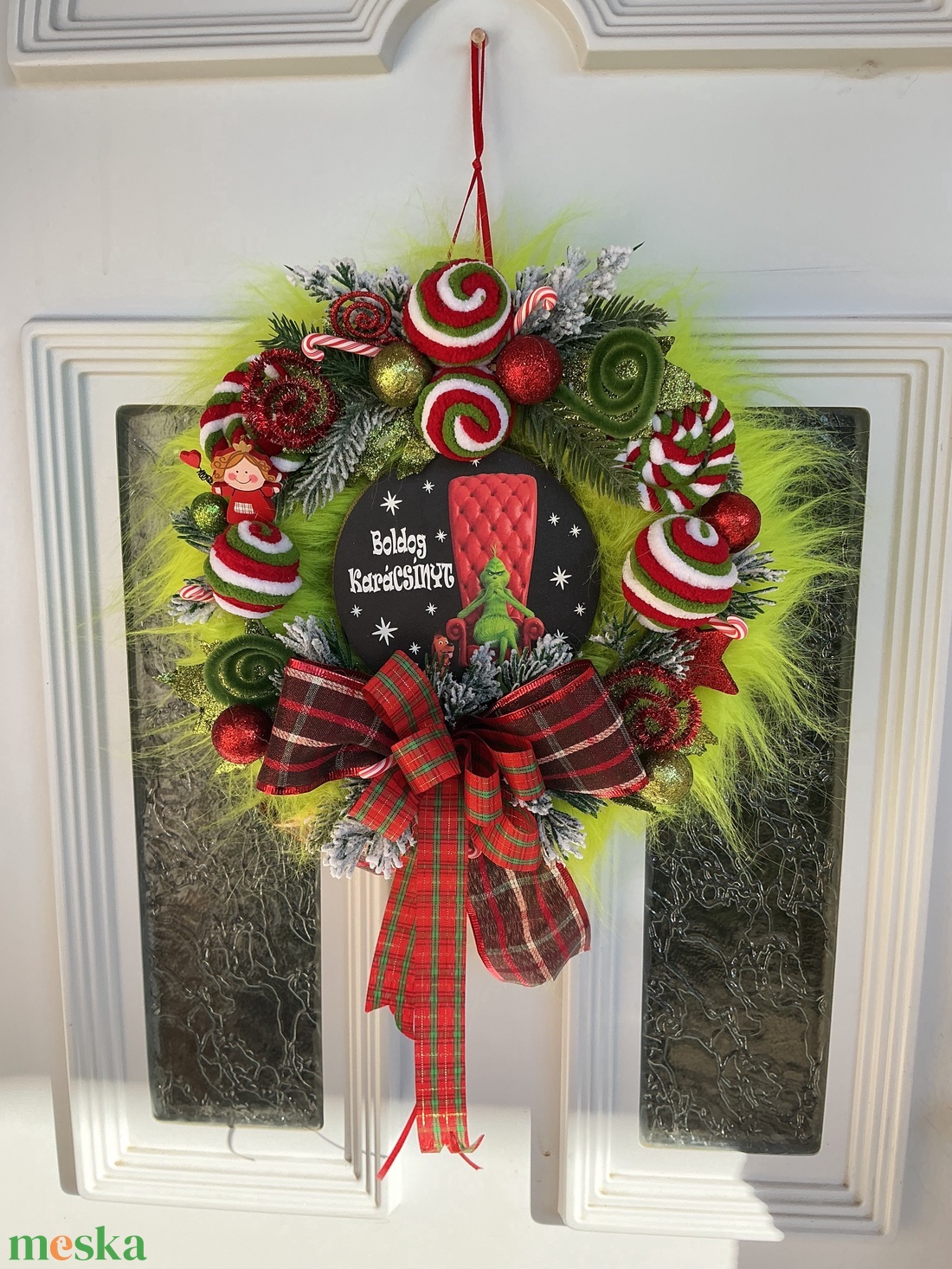 Boldog karácsínyt-Grincs ajtódísz - karácsony - karácsonyi lakásdekoráció - karácsonyi ajtódíszek - Meska.hu