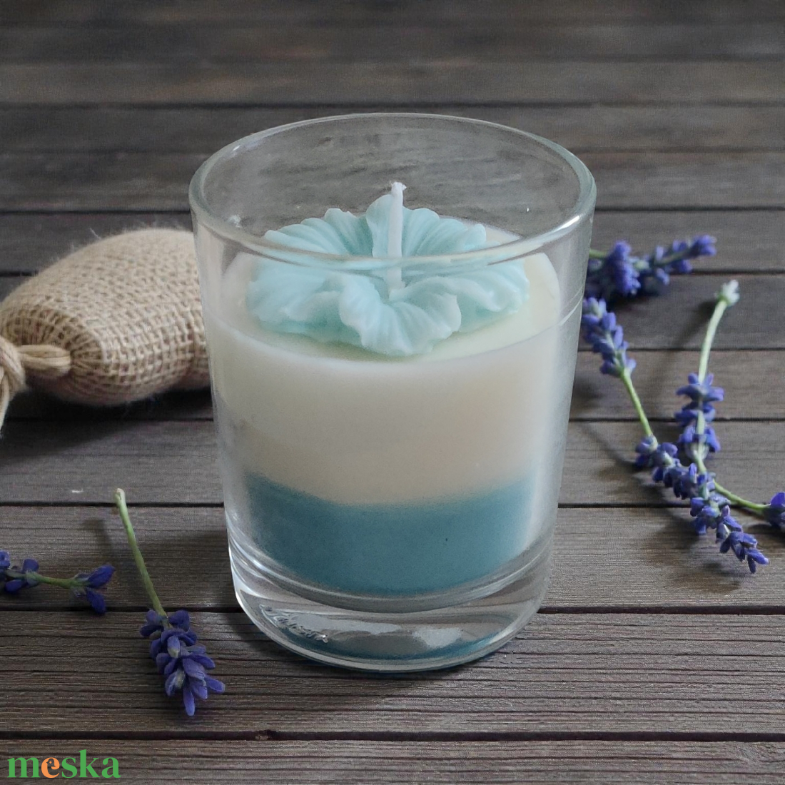 Kék virágos poharas gyertya  - otthon & életmód - gyertya, illat, aroma - gyertya - Meska.hu