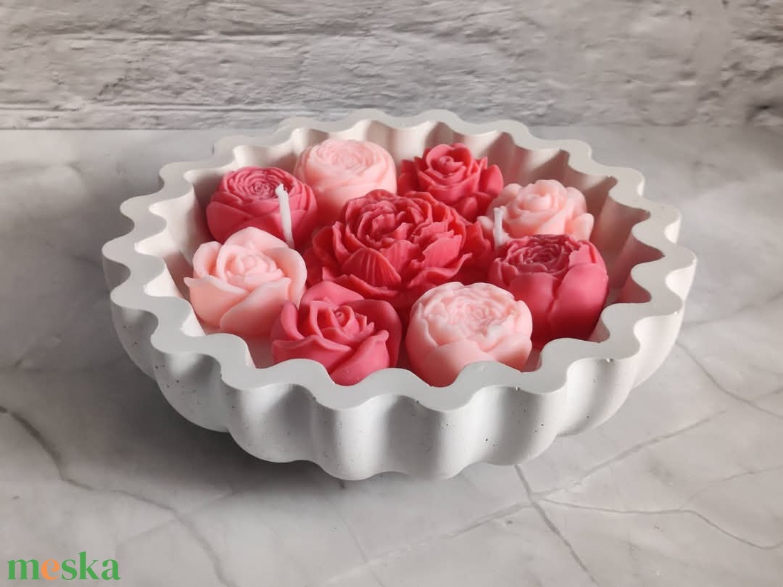 Piros-rózsaszín virágos gyertyatál  - otthon & életmód - gyertya, illat, aroma - gyertya - Meska.hu