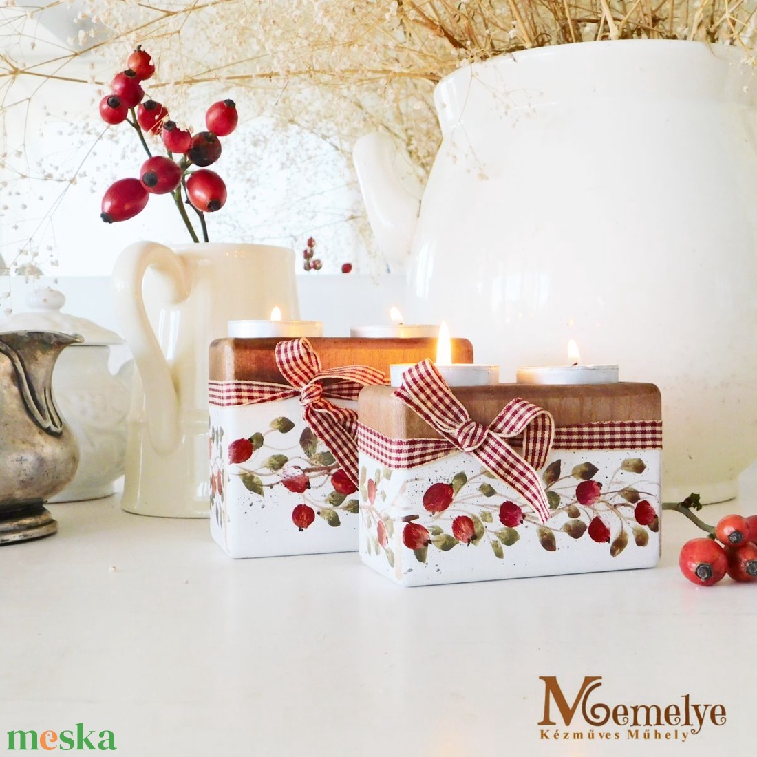 Csipkebogyós mécsestartó szett - karácsony - karácsonyi lakásdekoráció - karácsonyi illatgyertya, mécses - Meska.hu