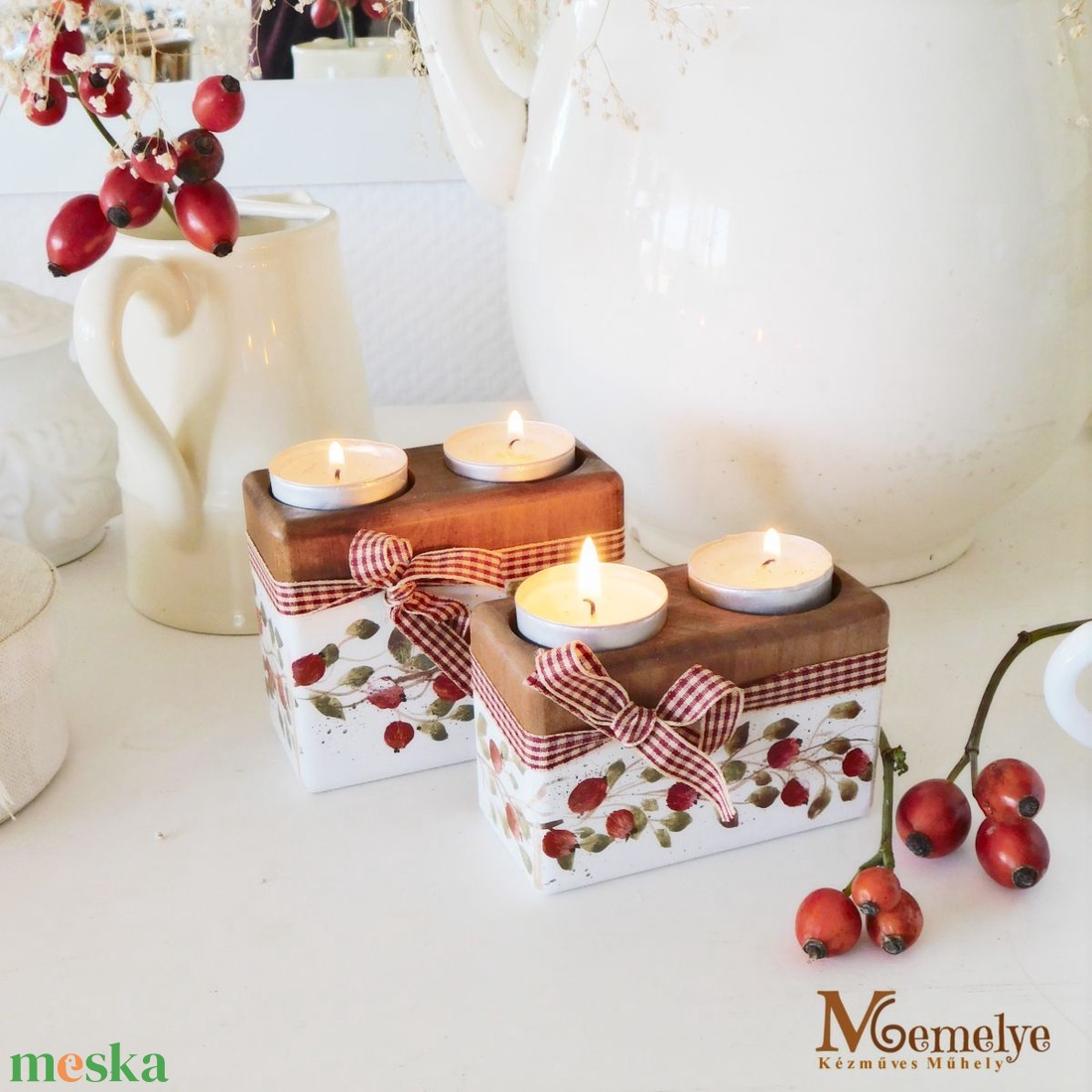 Csipkebogyós mécsestartó szett - karácsony - karácsonyi lakásdekoráció - karácsonyi illatgyertya, mécses - Meska.hu