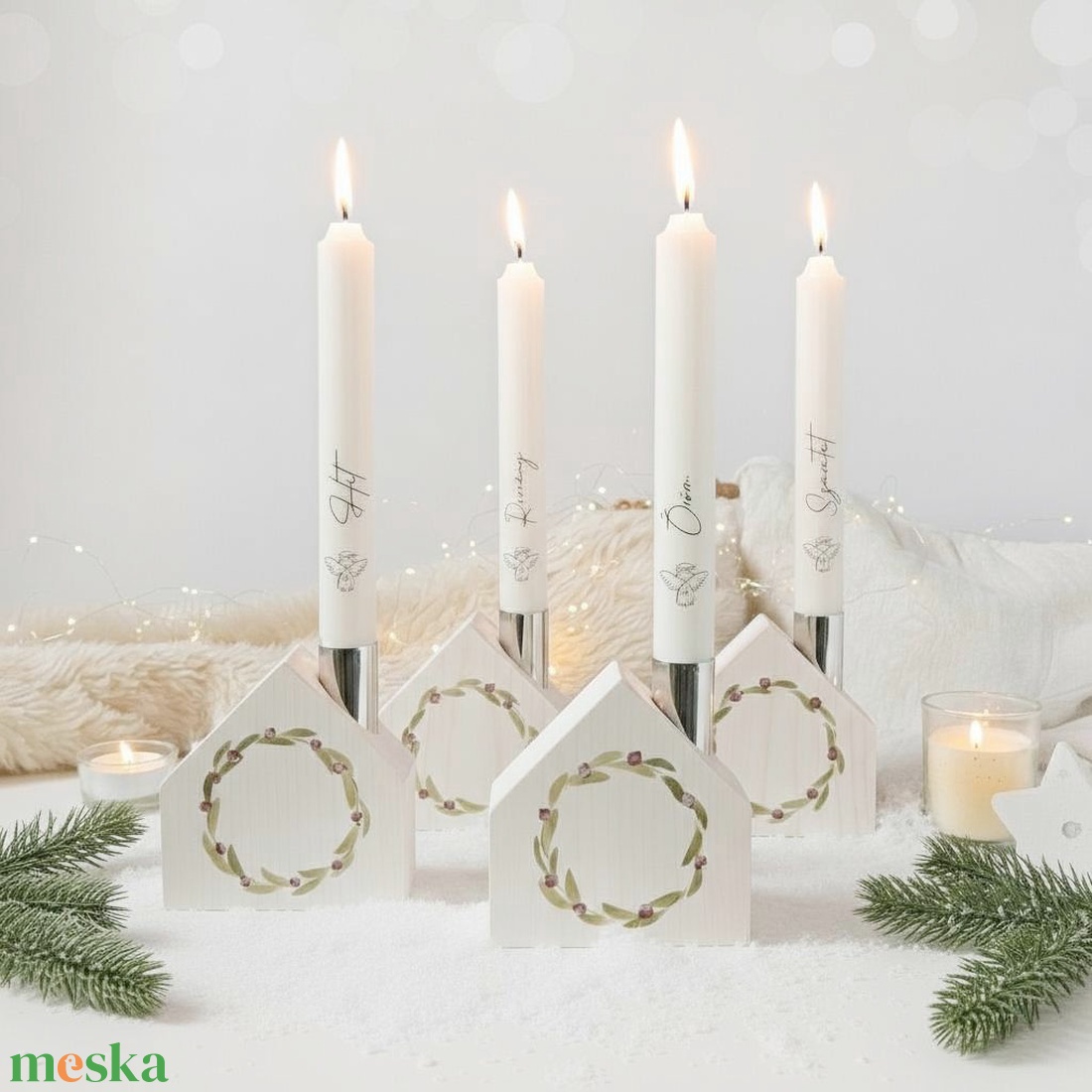 Házikó Adventi gyertyatartó szett - karácsony - adventi díszek - adventi asztaldísz - Meska.hu