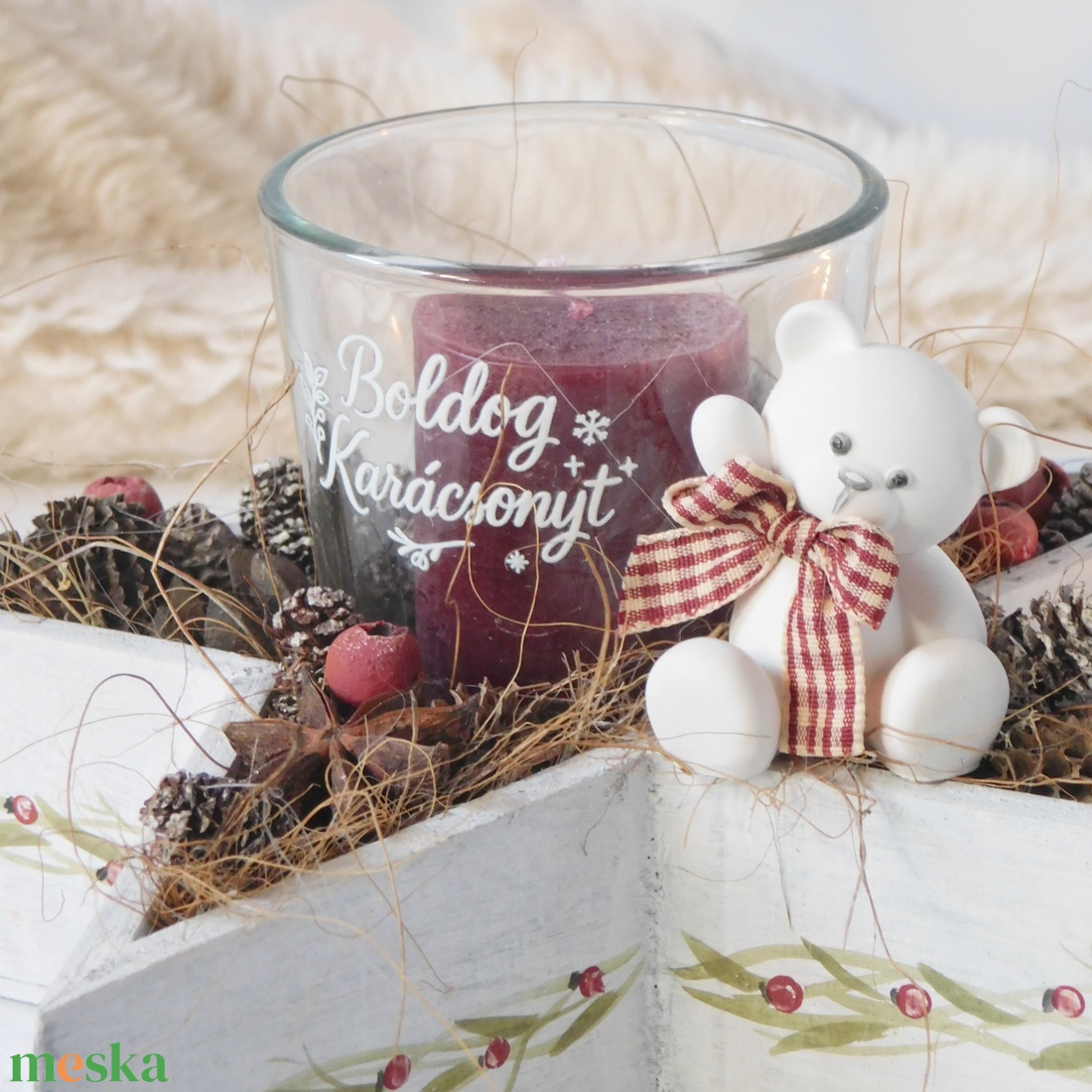 Csillag alakú karácsonyi dekoráció  gyertyával és macival - karácsony - karácsonyi lakásdekoráció - ünnepi asztaldekoráció - Meska.hu