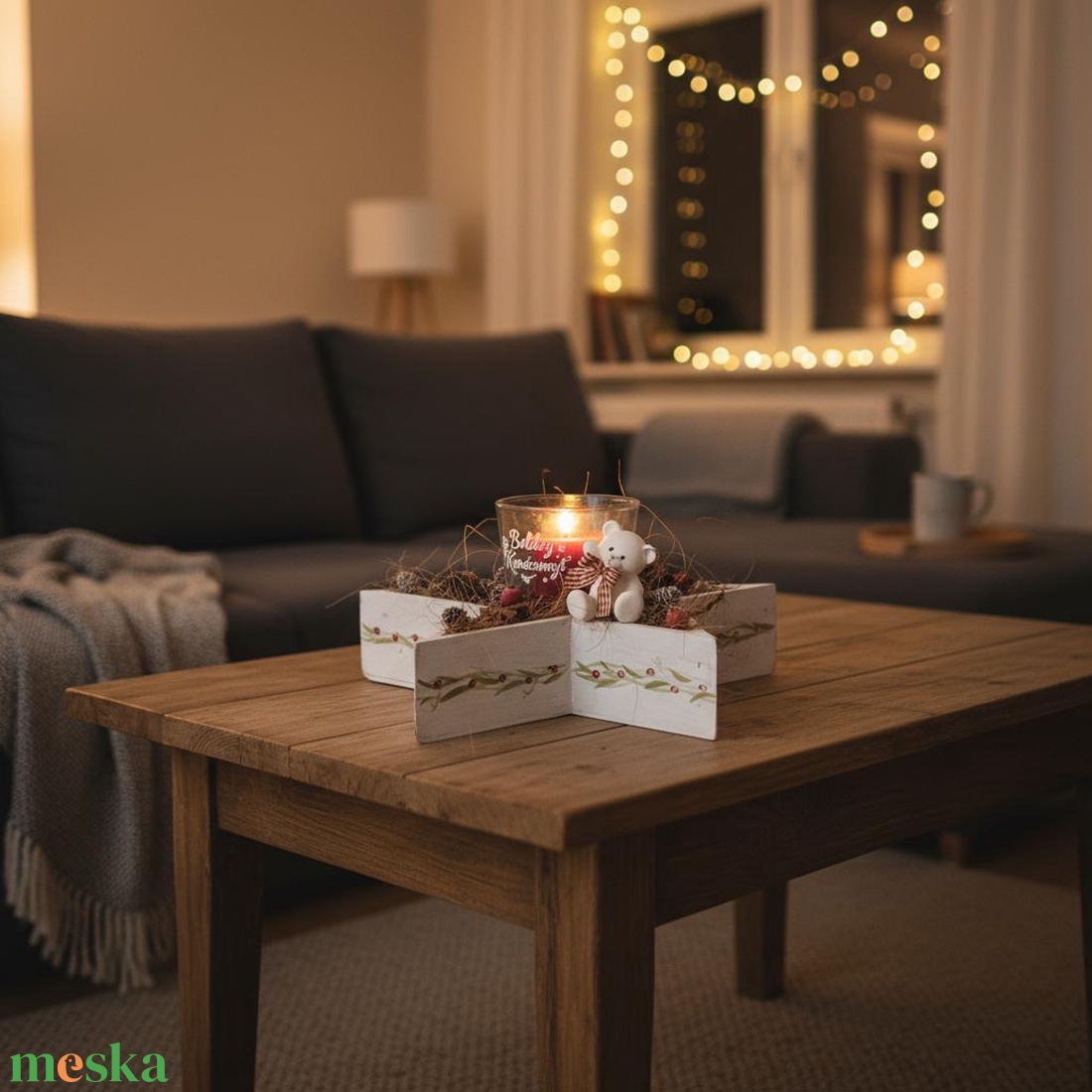 Csillag alakú karácsonyi dekoráció  gyertyával és macival - karácsony - karácsonyi lakásdekoráció - ünnepi asztaldekoráció - Meska.hu