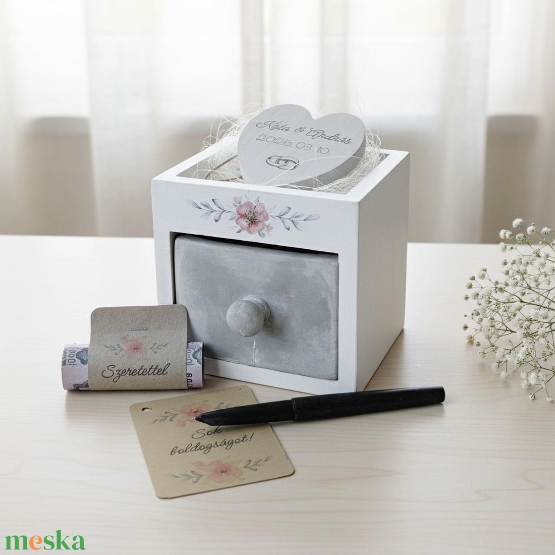 Esküvői pénzátadó doboz névvel és dátummal � fiókos, szív mintás, személyre szabható nászajándék - esküvő - emlék & ajándék - nászajándék - esküvői pénzátadó doboz - Meska.hu