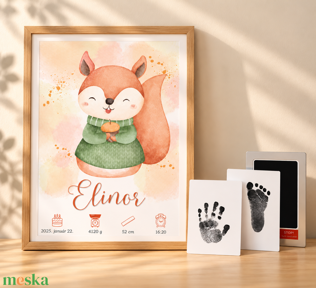 Mókusos baba emlékőrző poszter láblenyomattal - ajándék láblenyomat készítő szett / babaszoba dekoráció - baba - mama - babaemlékek - baba emlékőrző - Meska.hu