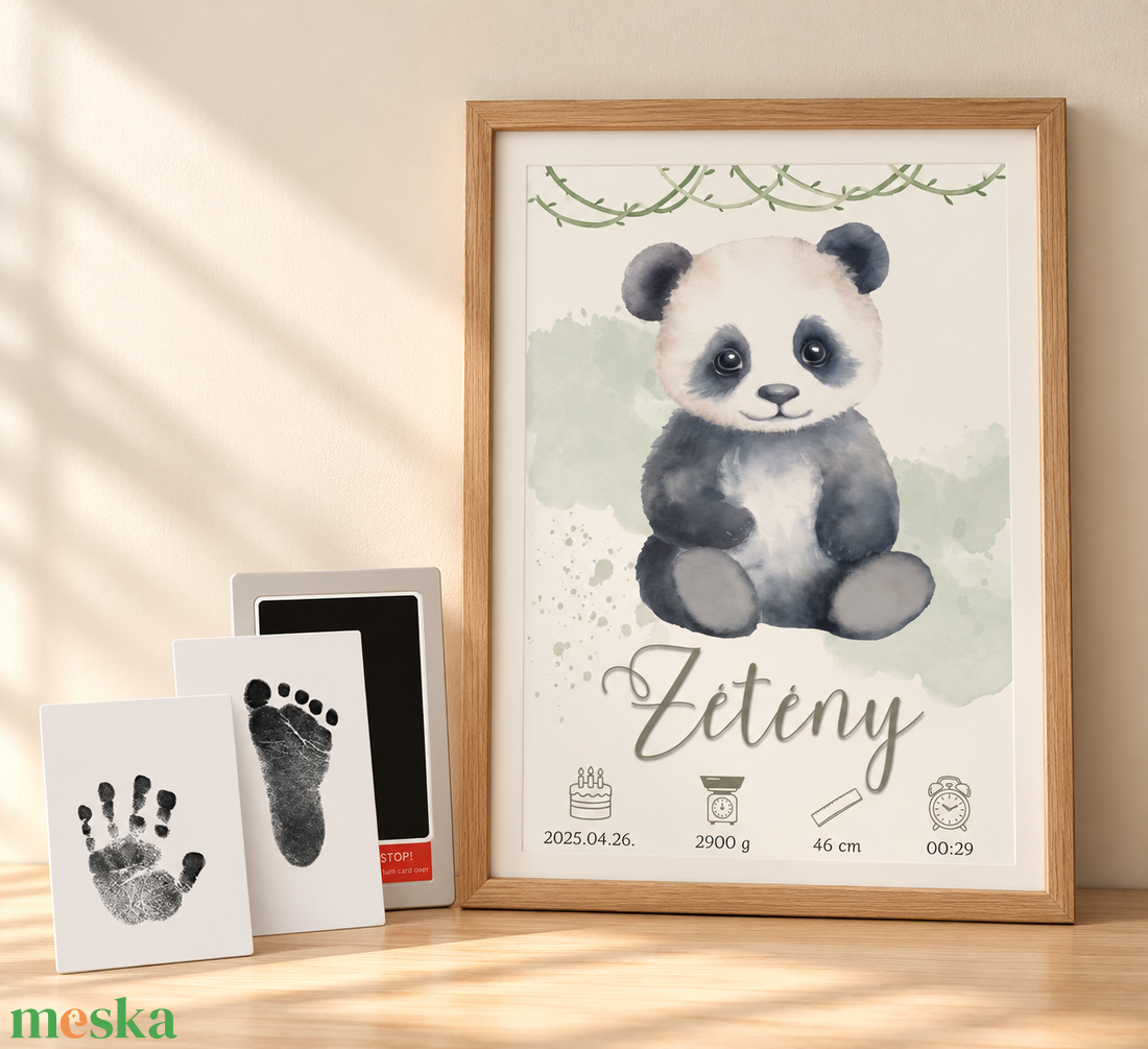 Panda baba emlékőrző poszter ajándék láblenyomat készítő szett / baba szoba dekoráció - baba - mama - babaemlékek - baba emlékőrző - Meska.hu