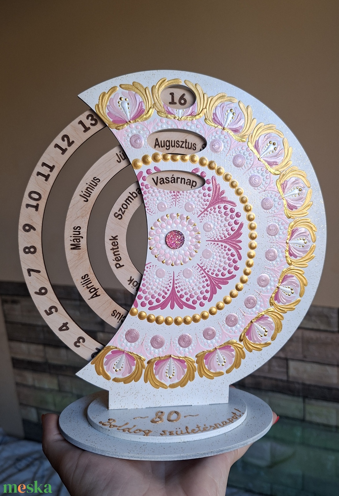 Öröknaptár 25cm rózsaszín-arany mandala mintával fehér alapra, bármilyen felirattal - otthon & életmód - dekoráció - fali és függő dekoráció - falinaptár & öröknaptár - Meska.hu