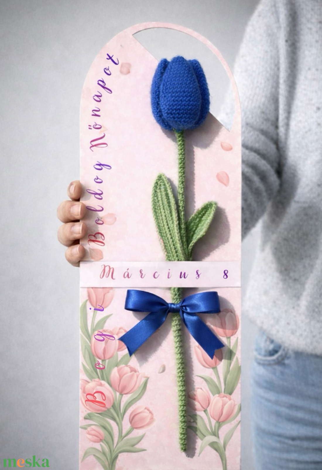 Örök Horgolt Tulipán Díszkártyával-Nőnapi Ajándék - otthon & életmód - dekoráció - asztal és polc dekoráció - dekorációs tál, tartó - Meska.hu