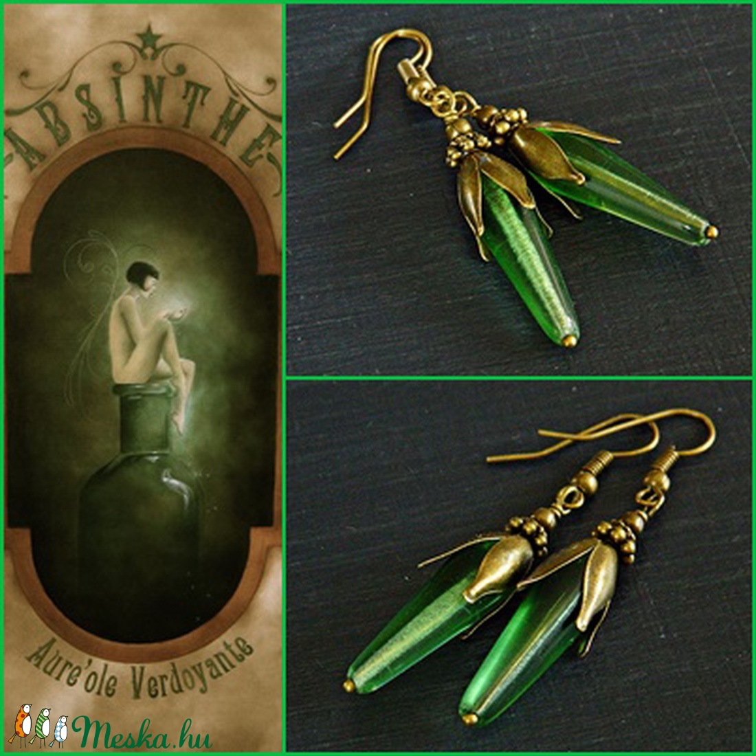 Abszint - zöld üveggyöngy fülbevaló, zöld fülbevaló, romantikus fülbevaló, bronz fülbevaló, vintage fülbevaló - - Meska.hu Abszint - zöld üveggyöngy fülbevaló, zöld fülbevaló, romantikus fülbevaló, bronz fülbevaló, vintage fülbevaló - - Meska.hu