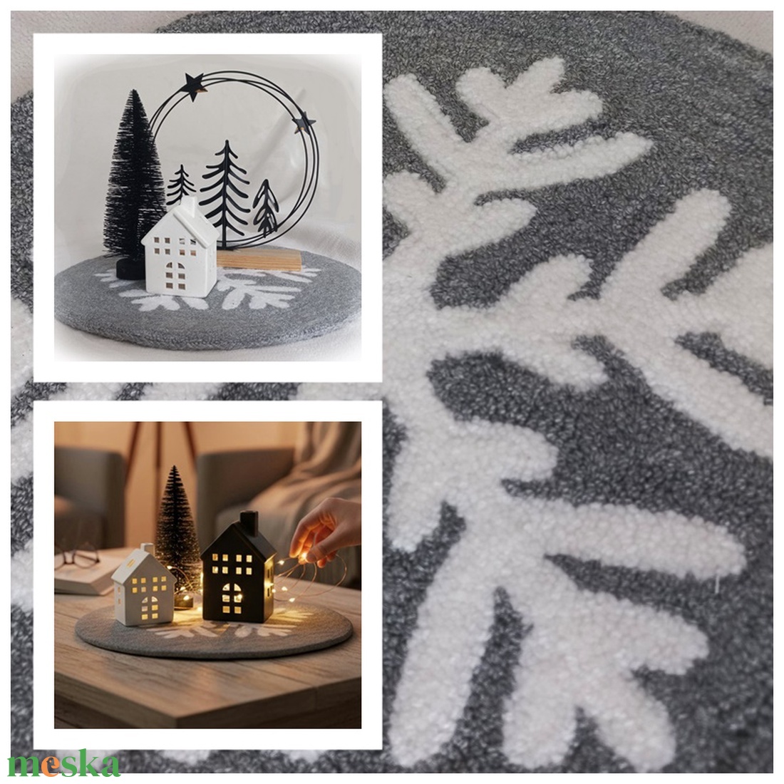 Hópellyel díszített asztali szőnyeg, bútorvédő,  mécsestartó, adventi koszorú alá, karácsonyi dekoráció - karácsony - karácsonyi lakásdekoráció - ünnepi asztaldekoráció - Meska.hu