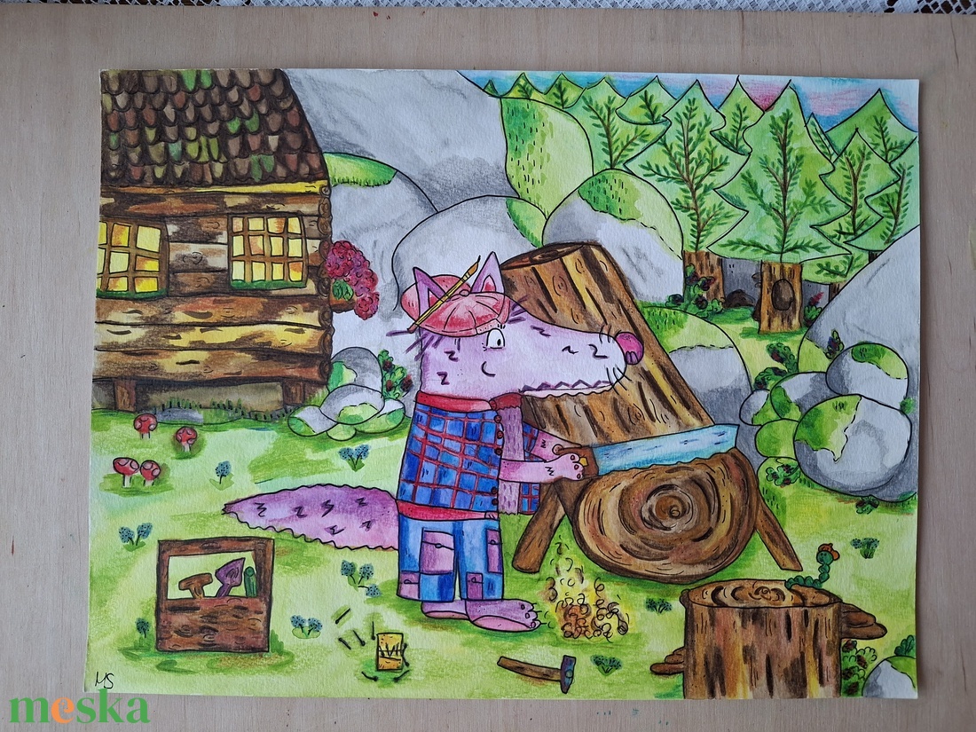 Farkas fát fűrészel művészi nyomat! - művészet - grafika & illusztráció - művészi nyomat - Meska.hu
