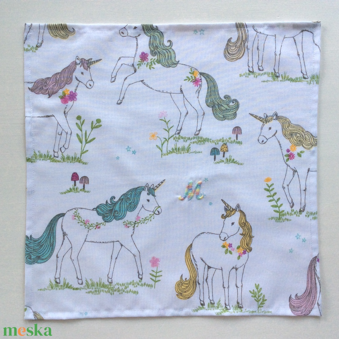 Hímzett, Unikornis mintás pamut textil zsebkendő -  - Artiroka design - szépségápolás - egészségmegőrzési kellékek - Meska.hu