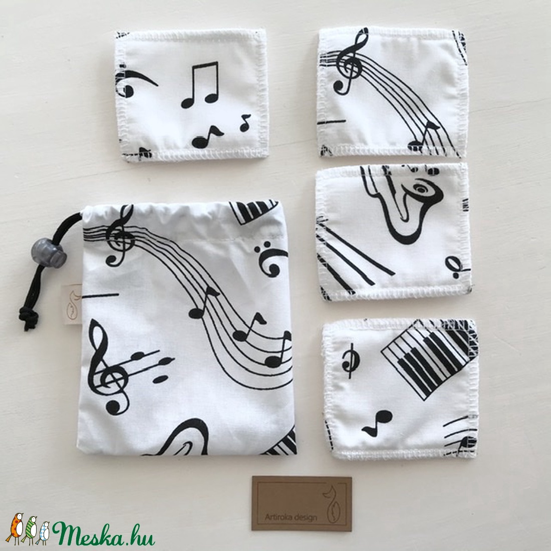 Zene, hangjegy mintás arctisztító párna szett, bambusz frottír és pamut textil felhasználásával -Artiroka design -  - Meska.hu