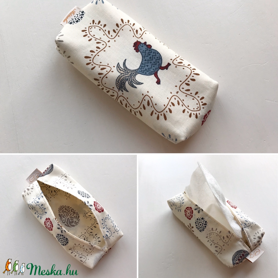 Tyúk és tojás mintás bélelt papírzsebkendő tartó - bézs - Artiroka design - táska & tok - pénztárca & más tok - zsebkendőtartó tok - Meska.hu