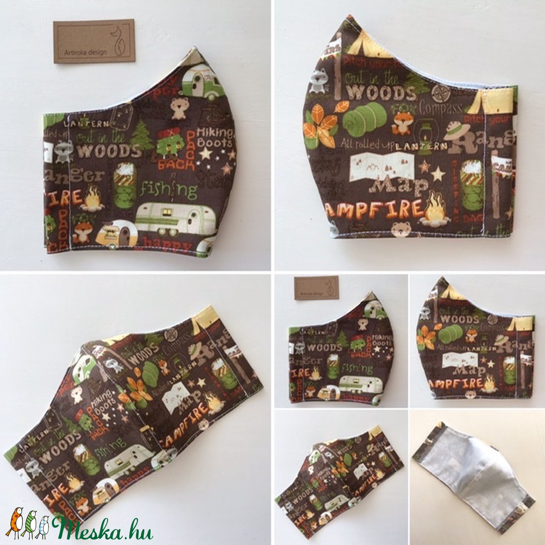 Róka, mosómedve és kemping mintás prémium arcmaszk, szájmaszk, maszk - Artiroka design -  - Meska.hu