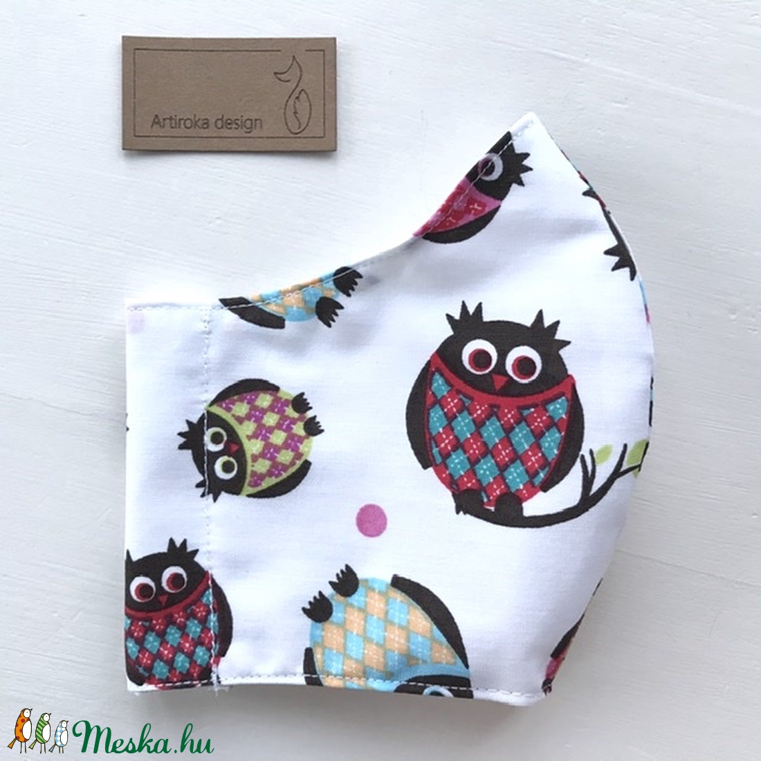Színes, bagolymintás arcmaszk,prémium szájmaszk, maszk-   Artiroka design -  - Meska.hu