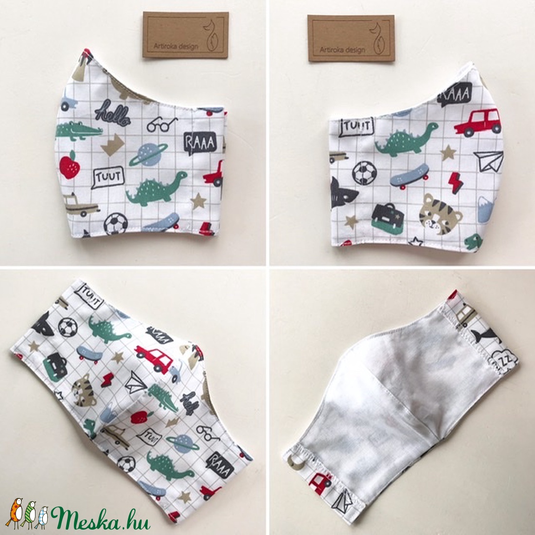 Dino, autó és foci labda mintás prémium gyerek arcmaszk, szájmaszk, 3-6 éves gyermekre - Artiroka design -  - Meska.hu