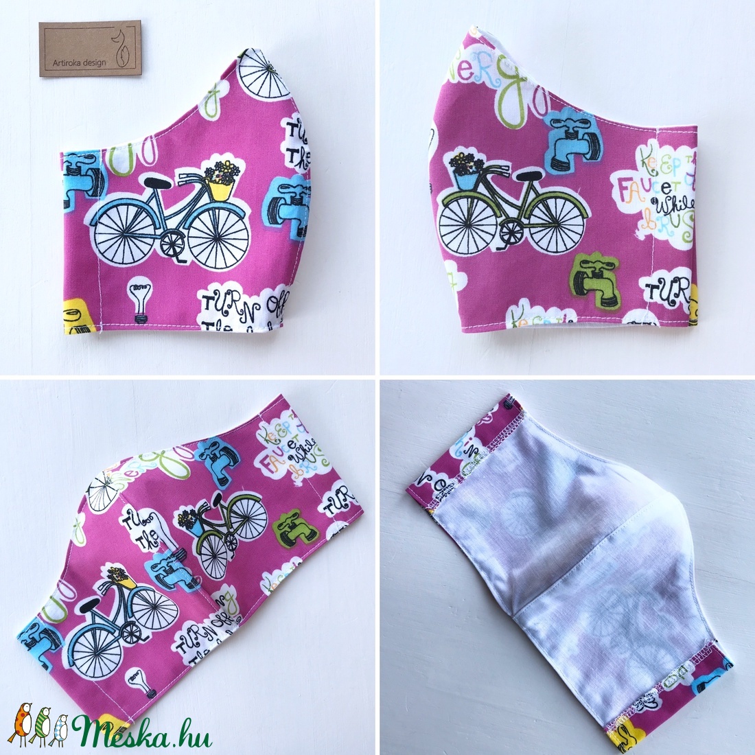 Bicikli mintás pink színű arcmaszk, szájmaszk, maszk - M méretben - Artiroka design leírása - gyerek - gyerek - Meska.hu