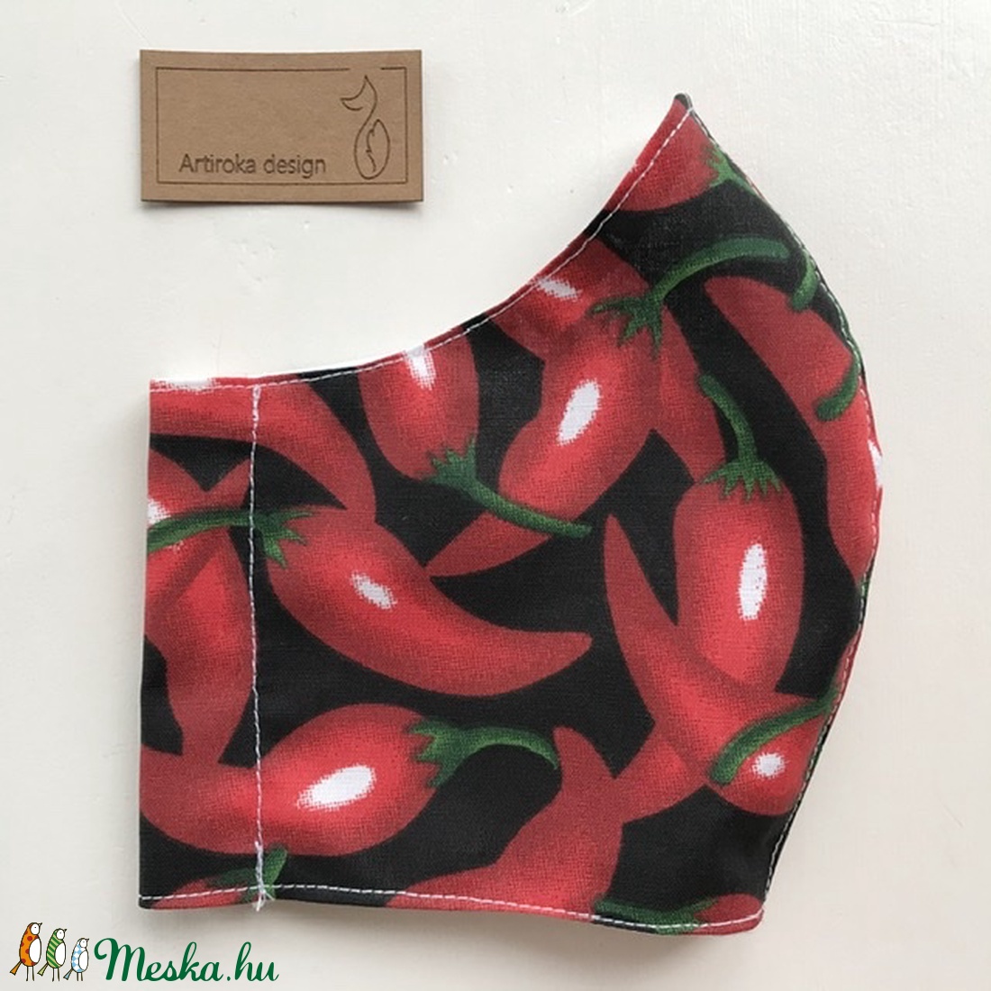 Chili paprika mintás fekete maszk, szájmaszk, arcmaszk, gyerek maszk pamut textilből- L méret- Artiroka design  - férfi & uniszex - férfi & uniszex - Meska.hu