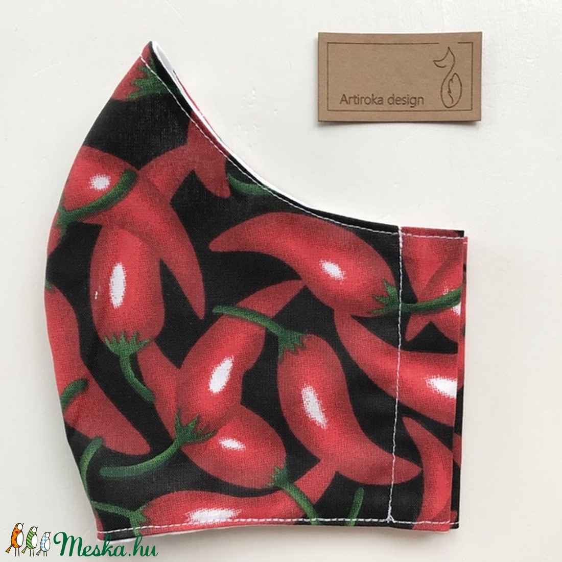 Chili paprika mintás fekete maszk, szájmaszk, arcmaszk, gyerek maszk pamut textilből- L méret- Artiroka design  - férfi & uniszex - férfi & uniszex - Meska.hu