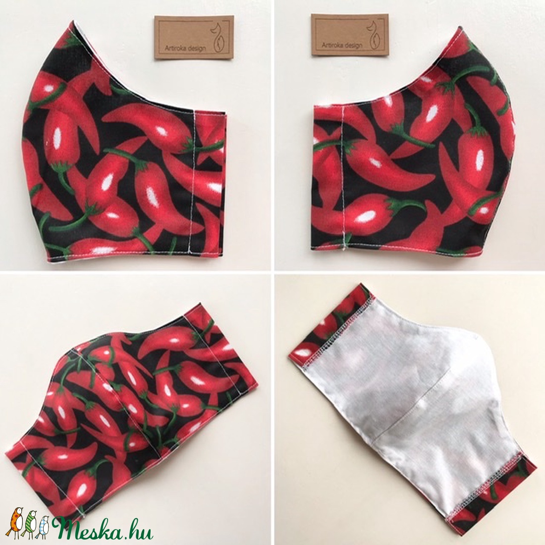 Chili paprika mintás fekete maszk, szájmaszk, arcmaszk, gyerek maszk pamut textilből- L méret- Artiroka design  - férfi & uniszex - férfi & uniszex - Meska.hu