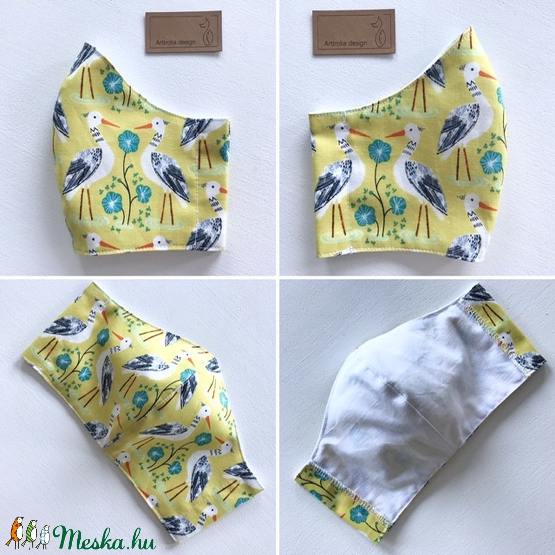 Gólya mintás prémium pamut textil, napsárga színű arcmaszk, szájmaszk, maszk - Artiroka design - férfi & uniszex - férfi & uniszex - Meska.hu