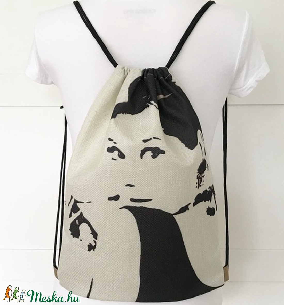 Audrey Hepburn mintás, egyedi gymbag hátizsák - tornazsák edzéshez, úszáshoz  - Artiroka design -  - Meska.hu