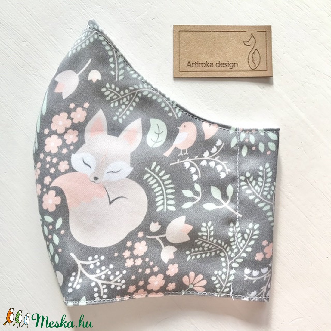 Prémium pamut textil, alvó kis róka, virág és madár mintás arcmaszk, szájmaszk, maszk - Artiroka design -  - Meska.hu