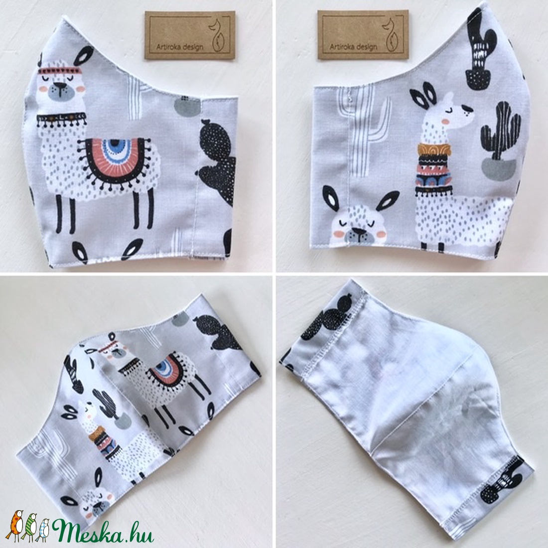 Ha rajtad a Láma, nincs DRÁMA! Láma mintás, pasztellszürke színű pamut textil arcmaszk, gyerekmaszk -  Artiroka design - női - női - Meska.hu